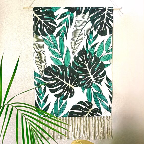 46" Tropical Green Monstera Leaves Jungle Tasseled Tapestry Wall Hanging New - Picture 1 of 5